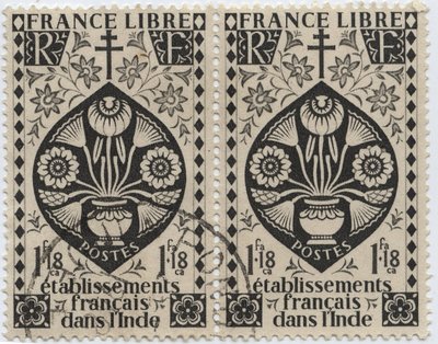 Franse vestigingen in India - FRANKRIJK VRIJ en Kruis van Lotharingen - Postzegel 1942 door French School