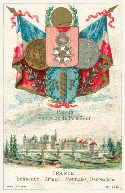 Franse vlaggen, wapens, munten en onderscheidingen en een uitzicht op Parijs vanaf de Pont Neuf door French School