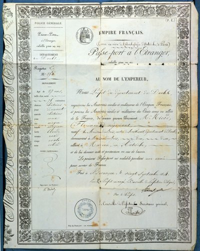 Frans paspoort, uit Besançon, 20 september 1854 door French School