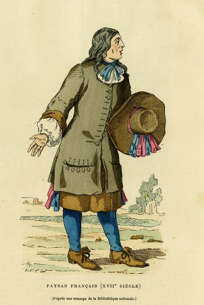Frans boerenkostuum in de 18e eeuw. Kleuren gravure naar een prent van de nationale bibliotheek, in 
