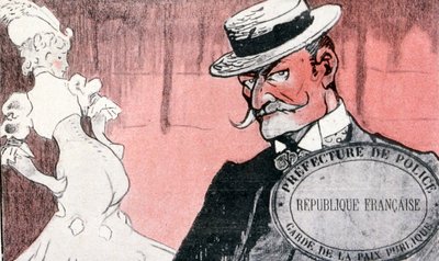 Franse politie observeert een prostituee voor haar arrestatie. 19e eeuw Frankrijk. Franse illustratie 1890 door French School