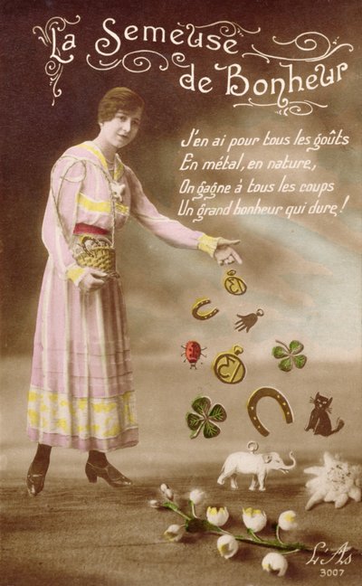Franse ansichtkaart met La Semeuse de Bonheur (De Zaaier van Geluk) door French School