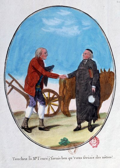 Franse revolutie: een boer en een priester schudden elkaar de hand. 