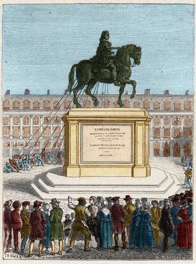 Franse revolutie: omverwerping van het standbeeld van koning Lodewijk XIV, Place Vendome in Parijs door French School