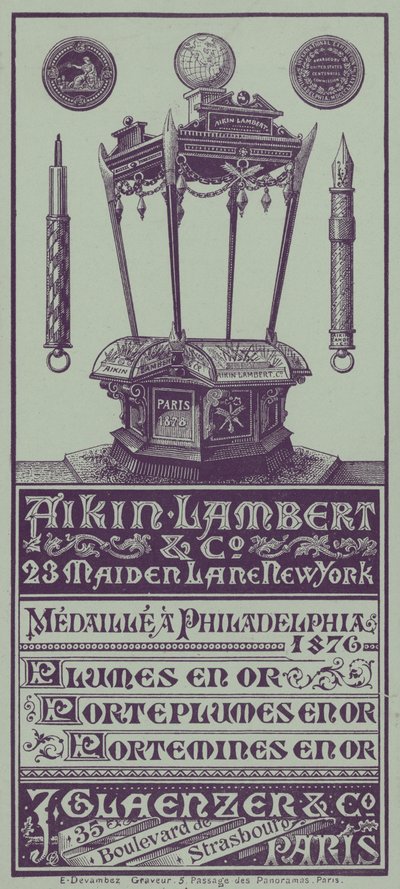 Franse handelskaart voor Aikin Lambert pennen, penhouders en vulpotloden (litho) door French School