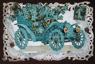 Vriendschapskaart met een auto bedekt met bloemen, begin 20e eeuw door French School
