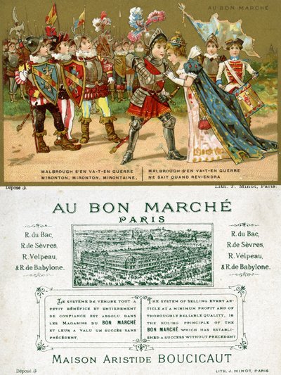 Voor- en achterkant van een promotiekaart voor het Parijse warenhuis Au Bon Marché, met een van de populairste volksliedjes in de Franse taal, Marlbrough sen va-t-en guerre (Marlborough is vertrokken) door French School