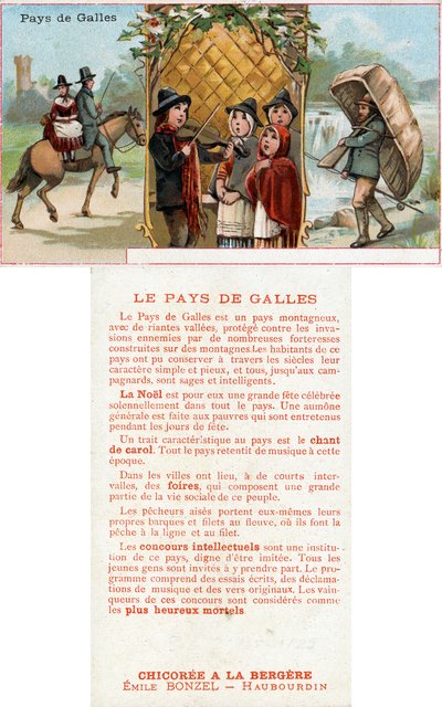 Voor- en achterkant van een promotiekaart voor de drank Chicorée à la Bergère met afbeeldingen van het leven in Wales, ca. 1890 door French School