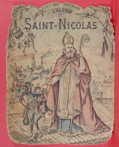 Voorkant van een fotoalbum met Sint-Nicolaas die cadeautjes brengt aan de kinderen, eind 19e eeuw (kleurgravure) door French School