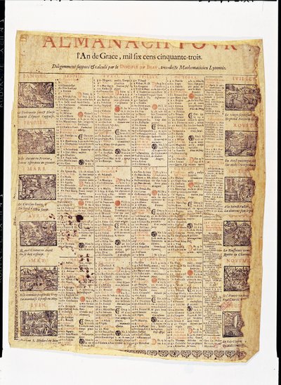Voorpagina van een almanak voor 1653 door French School