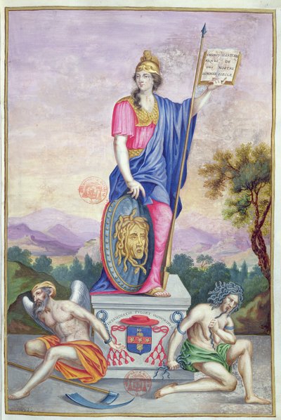 Frontispice allegorische illustratie van de godin Minerva uit Les Panegyriques des Hommes Illustres de Notre Siecle door Puget de la Serre, 1655 door French School