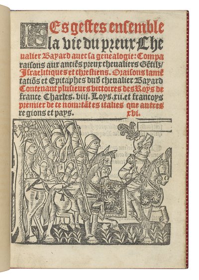 Frontispice uit "Les gestes ensemble la vie du preux Chevalier Bayard avec la genealogie", door Symphorien Champier door French School