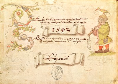 Frontispice uit Recueil de chants religieux et profanes IX met een man met bril die een blaasinstrument bespeelt met een vogel op zijn hoofd, 1542 door French School