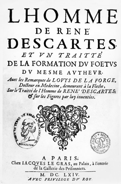 Frontispice van Descartes Verhandeling over de Mens en over de Vorming van de Foetus, gepubliceerd in Parijs, 1674 door French School