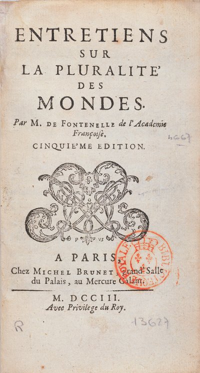 Frontispice van Entretiens sur la Pluralite des Mondes, geschreven door Bernard Le Bovier de Fontenelle (1657-1757), gepubliceerd in 1773 door French School
