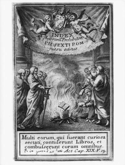 Frontispice van Index Librorum Prohibitorum met een auto da fe, 1786 door French School
