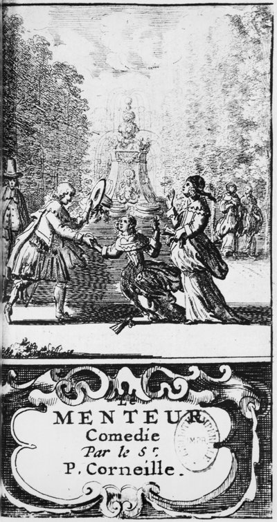 Frontispice van Le Menteur door Pierre Corneille (1606-84) gepubliceerd in 1664, Amsterdam door French School