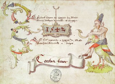 Frontispice van Recueil de chants religieux et profanes II met een man die een gebogen blaasinstrument bespeelt, rijdend op een vogel, contra-tenor partij, 1542 door French School