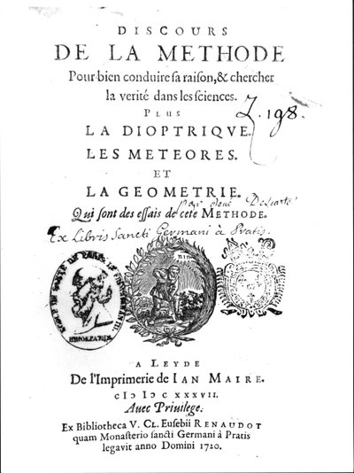 Frontispice van de Discours de la Methode gevolgd door La Dioptrique, Les Meteores et La Geometrie door Rene Descartes (1596-1650), voor het eerst gepubliceerd in Leiden in 1637 door French School