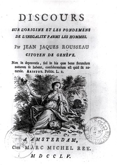 Frontispice van Discours sur lOrigine et les Fondements de lInegalite Parmi les Hommes door Jean-Jacques Rousseau (1712-78) ca. 1755 door French School