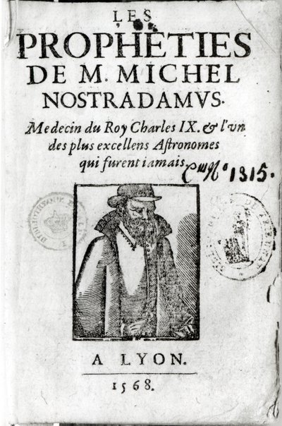 Frontispice van Les Propheties de M. Michel de Nostradamus (1503-66), met een portret van Nostradamus, uitgegeven in Lyon 1568 door French School