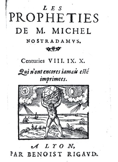 Frontispice van De Voorspellingen van M. Michel Nostradamus, uitgegeven door Benoist Rigaud, 1568 door French School