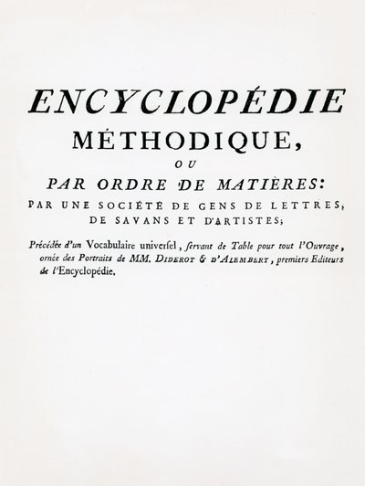Frontispice van de Methodische Encyclopedie op volgorde van onderwerp, geredigeerd door Denis Diderot en Jean Le Rond d