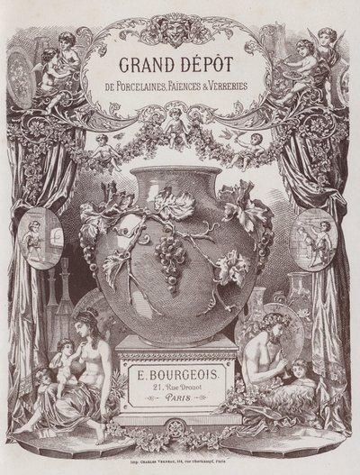 Frontispice van de catalogus van het Grand Depot de Porcelaines, Faiences et Verreries door French School