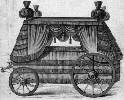 Begrafeniswagen van keizer Napoleon I naar Sint-Helena aangeboden door koningin Victoria I aan Napoleon III in 1858. Gravure in 