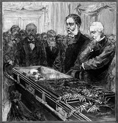 Begrafenis van James Abram Garfield (1831-1881), president van de Verenigde Staten: zijn vervanger, Chester Alan Arthur (1830-1886) en secretaris Blain voor de kist onder de koepel van het Capitool in Washington. Gravure in 