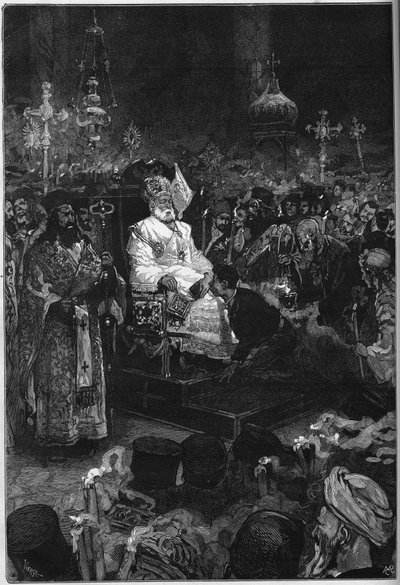 Begrafenis van Joachim II (1791-1878): het lichaam van de oecumenische patriarch van Constantinopel ligt opgebaard in de patriarchale kerk in Phanar. Hij is gekleed in zijn priesterlijke gewaden en een mijter. Gravure in 