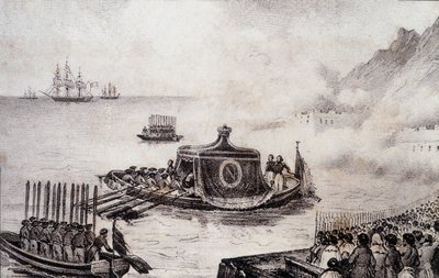 Begrafenis van Napoleon I: vertrek van Sint-Helena - tekening door Levilly, in "Historisch schilderij van de begrafenis van Napoleon" door M. St Maurice, ca. 1851 door French School