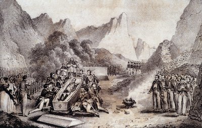 Begrafenis van Napoleon I: opgraving van het lichaam van Napoleon op Sint-Helena - tekening door Levilly, in 