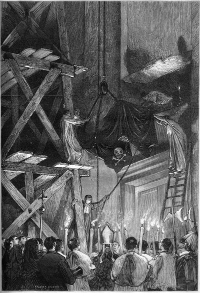 Begrafenis van paus Pius IX (Pio) (1792-1878): de begrafenis van het lichaam in de Sint-Pietersbasiliek in Rome. Gravure in 