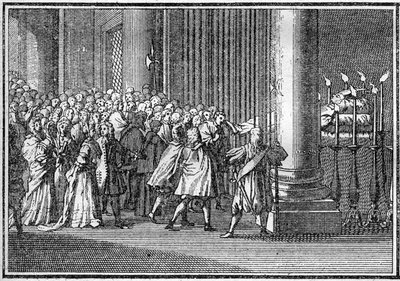 Begrafenis van een paus in de 18e eeuw: het lichaam van de paus ligt drie dagen tentoongesteld in de Sint-Pieterskerk in Rome. Gravure in Histoire des religions. door French School