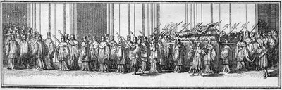 Begrafenis van een paus in de 18e eeuw: het lichaam van de paus wordt naar de Sint-Pieterskerk in Rome gebracht. Gravure in 