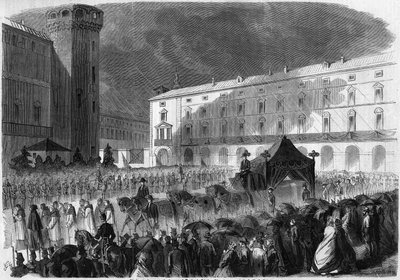 Begrafenis van de Graaf van Cavour, Turijn, 7 juni 1861: begrafenisstoet met de kist van Camillo Benso, Graaf van Cavour (1810-1861), Italiaanse politicus. Gravure in 