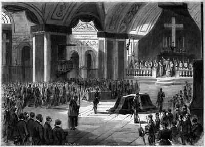 Begrafenis van de Graaf van Cavour, Turijn, 7 juni 1861: binnenaanzicht van de kerk van de Madonna van de Engelen tijdens de ceremonie. Gravure in 