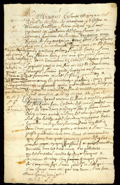 Bontcontract tussen Francois Francoeur en vier voyageurs voor het transport van goederen en de aankoop van bevervellen in Michilimackinac en Chicago, 1692 door French School