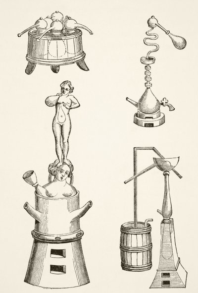 Oven, retorten, distilleerketels en distilleerapparatuur gebruikt door chemici en alchemisten in de 16e eeuw, uit Wetenschap en Literatuur in de Middeleeuwen door Paul Lacroix (1806-84) gepubliceerd in Londen 1878 door French School