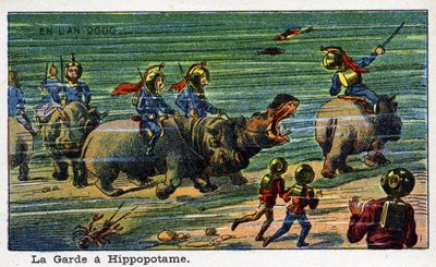 Toekomstige dagen: Een negentiende-eeuwse visie op het jaar 2000 - Serie "In het jaar 2000": De bewaker bij het nijlpaard (onder water). Chromolithografie door Villemard door French School