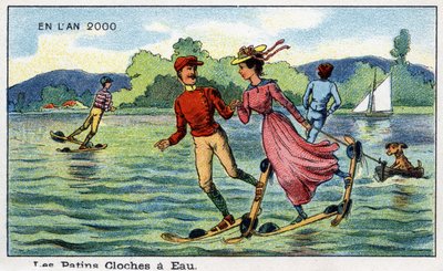 Toekomstige dagen: Een negentiende-eeuwse visie op het jaar 2000 - Serie "In het jaar 2000": Waterklokken schaatsen. Chromolithografie door Villemard door French School