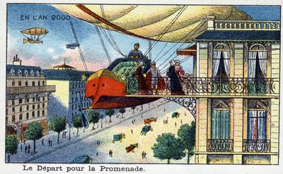 Toekomstige dagen: Een negentiende-eeuwse visie op het jaar 2000 - Serie "In het jaar 2000": het vertrek voor de wandeling - Chromolithografie door Villemard door French School