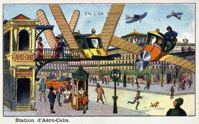 Toekomstige dagen: Een negentiende-eeuwse visie op het jaar 2000 - Serie "In het jaar 2000": aerobcabs station - Chromolithografie door Villemard door French School