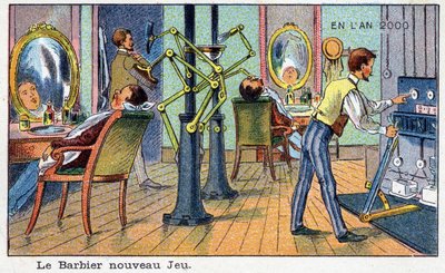 Futuredays: Een negentiende-eeuwse visie op het jaar 2000 - Serie "In het jaar 2000": De nieuwe spelbarbier (automatische machine). Chromolithografie door Villemard door French School
