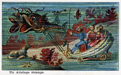 Futuredays: Een negentiende-eeuwse visie op het jaar 2000 - Serie "In het jaar 2000": Een vreemde koets (tank getrokken door vissen onder zee). Chromolithografie door Villemard door French School