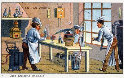 Futuredays: Een negentiende-eeuwse visie op het jaar 2000 - Serie: Een modelkeuken. Chromolithografie door Villemard door French School