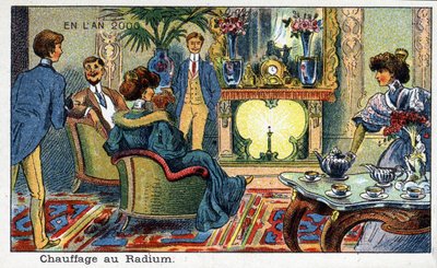 Toekomstige dagen: Een negentiende-eeuwse visie op het jaar 2000 Serie: Radiumverwarming. Chromolithografie door Villemard door French School
