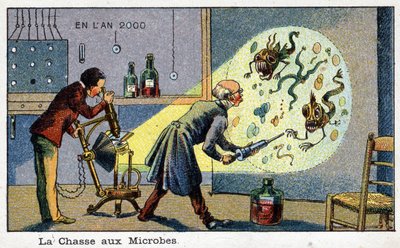 Futuredays: Een negentiende-eeuwse visie op het jaar 2000 Serie: De jacht op microben (2 wetenschappers verwijderen vergrote microben met een machine). Chromolithografie door Villemard door French School