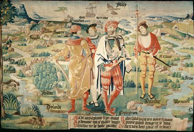 Galathes, 11e koning van de Galliërs met een kaart van Gallië op de achtergrond, detail van een wandtapijt over de geschiedenis van de koningen van de Galliërs, Arras Werkplaats, c.1530 door French School